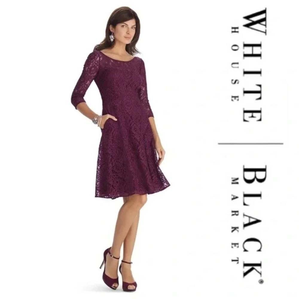 WHBM Lace Fit & Flare Plum Burgundy Dress Dark Romantic Fall Wedding Gala Size 4